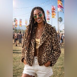 Tulle Leopard Faux Fur Jacket Size S Festival Glam Cropped Statement Coat